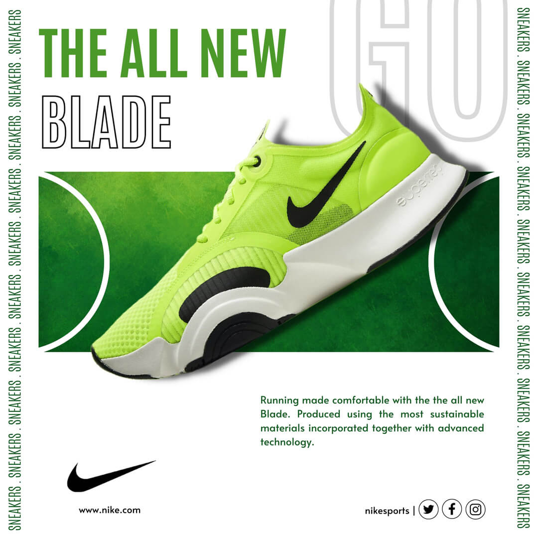 Nike Green sports shoe created for basketball players. This mockup poster was designed by Admrkt agency for social media platforms.