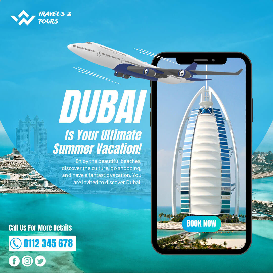 Visit Dubai promotional poster that has an aircraft and Burj al Arab hotel. This poster was created as a part of social media campaign for a travel agency.